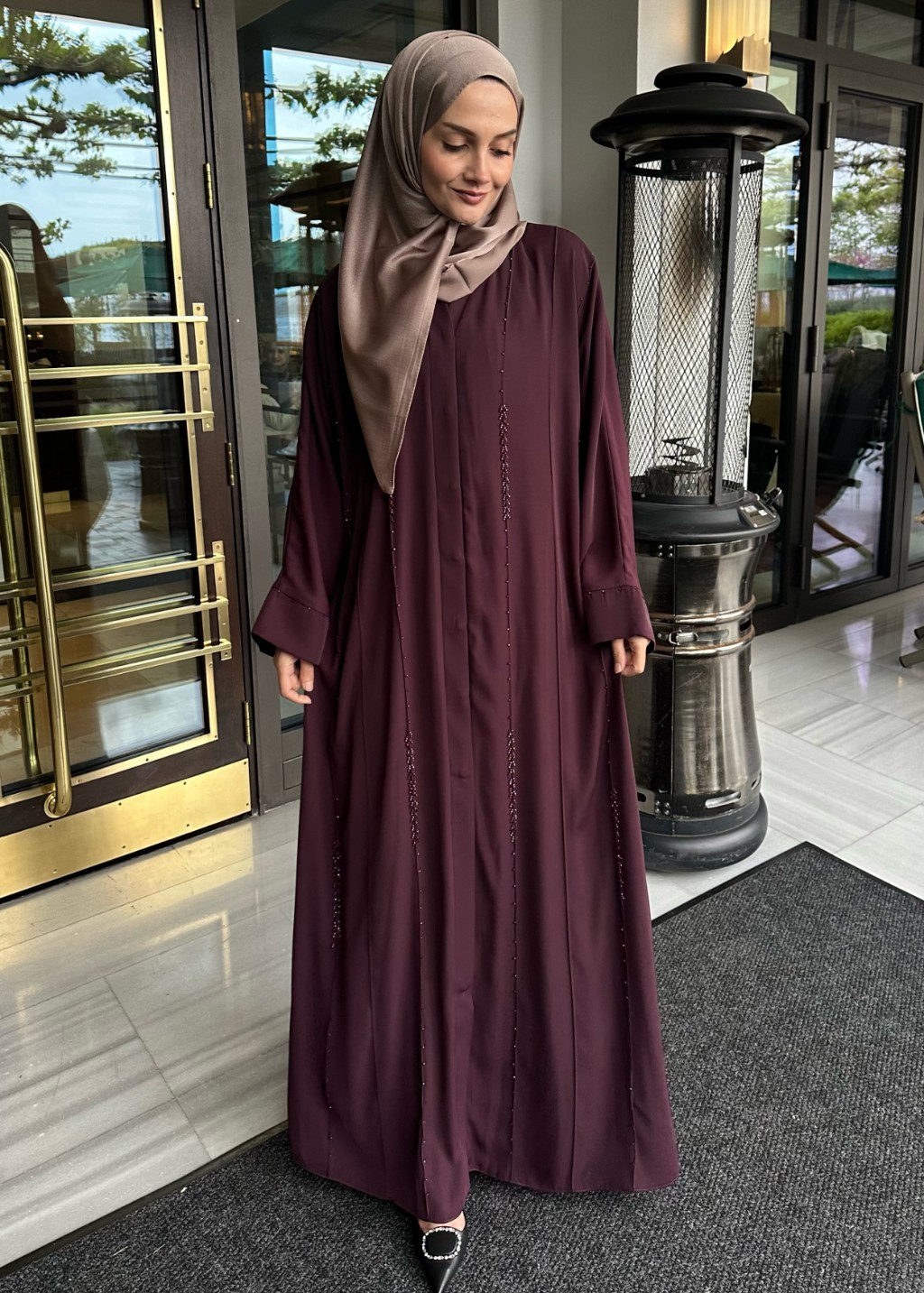 Aura Taşlı Abaya Mürdüm