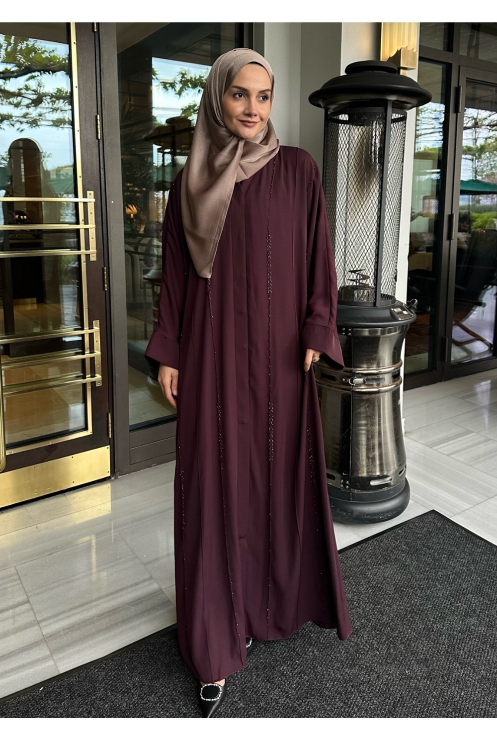 Aura Taşlı Abaya Mürdüm