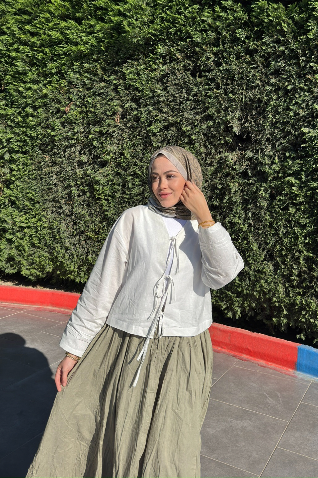 Bağlamalı Keten Bluz Beyaz