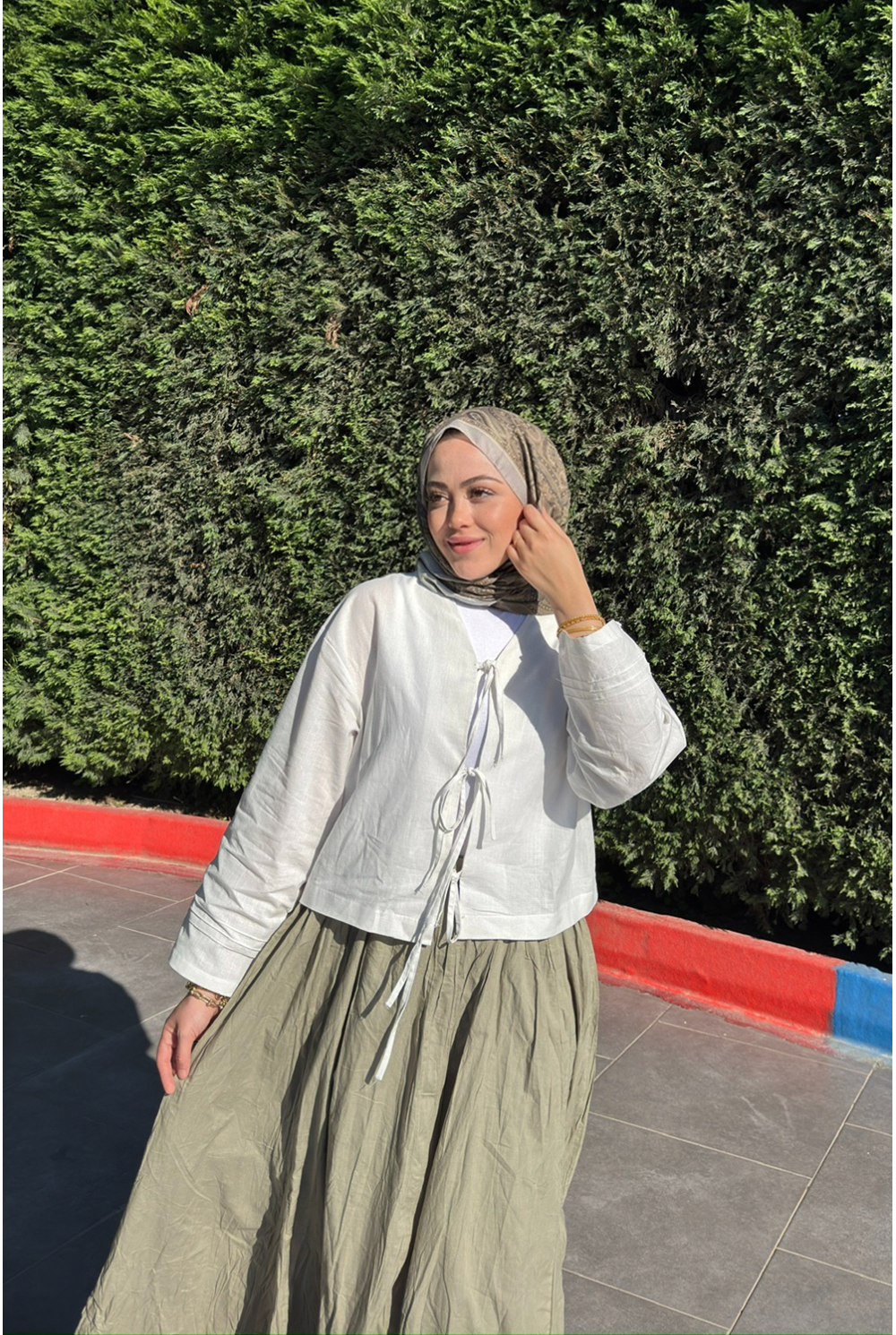 Bağlamalı Keten Bluz Beyaz