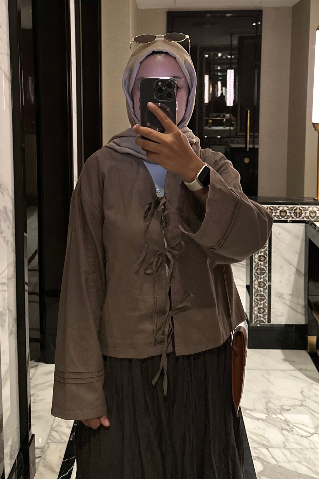 Bağlamalı Keten Bluz Kahverengi