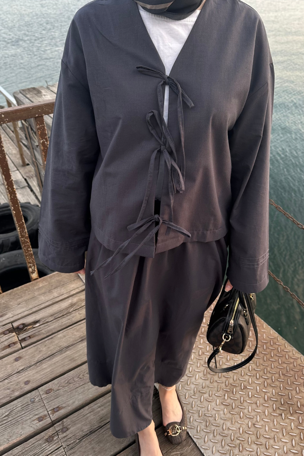 Bağlamalı Pamuk Keten Takım Antrasit