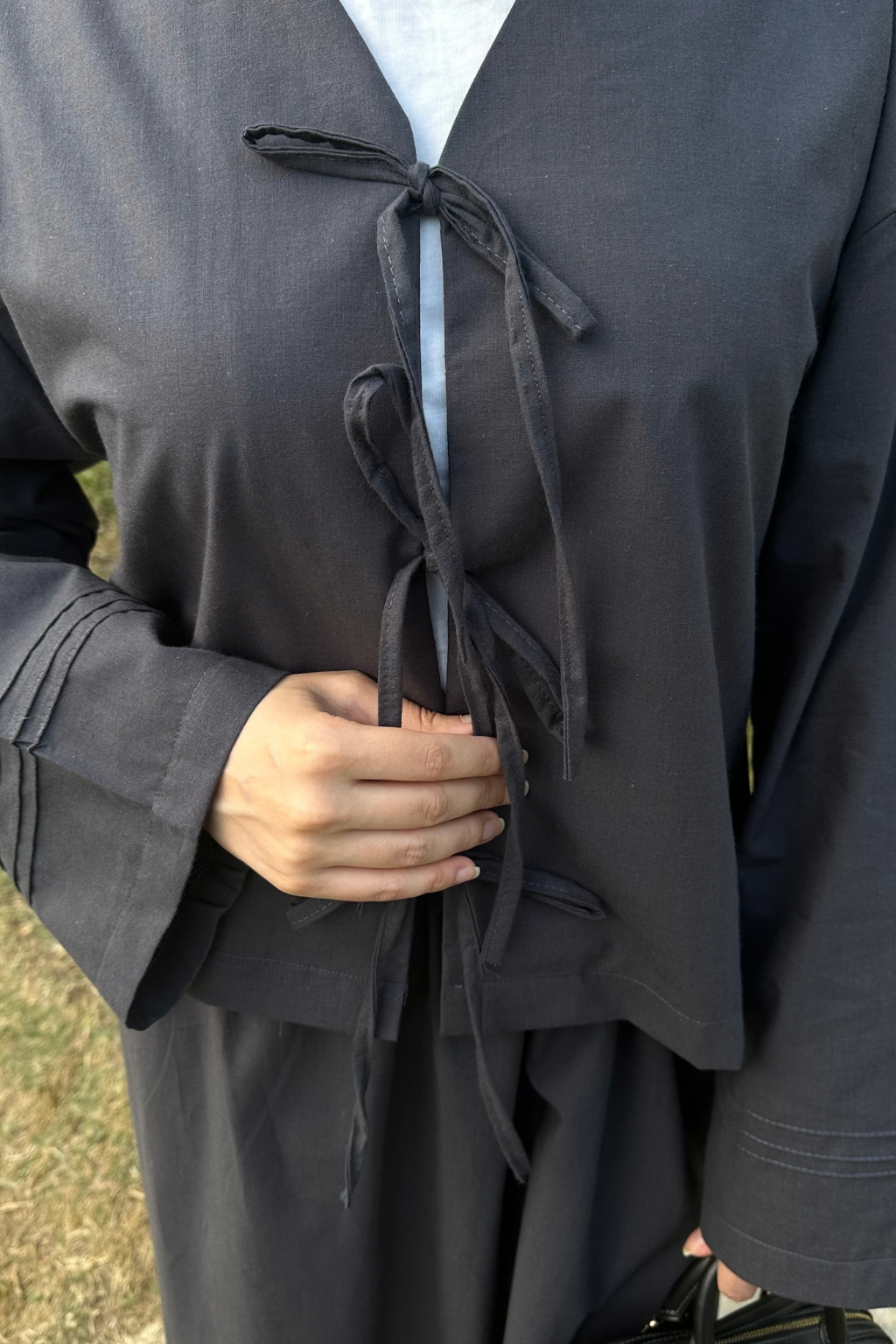 Bağlamalı Pamuk Keten Takım Antrasit