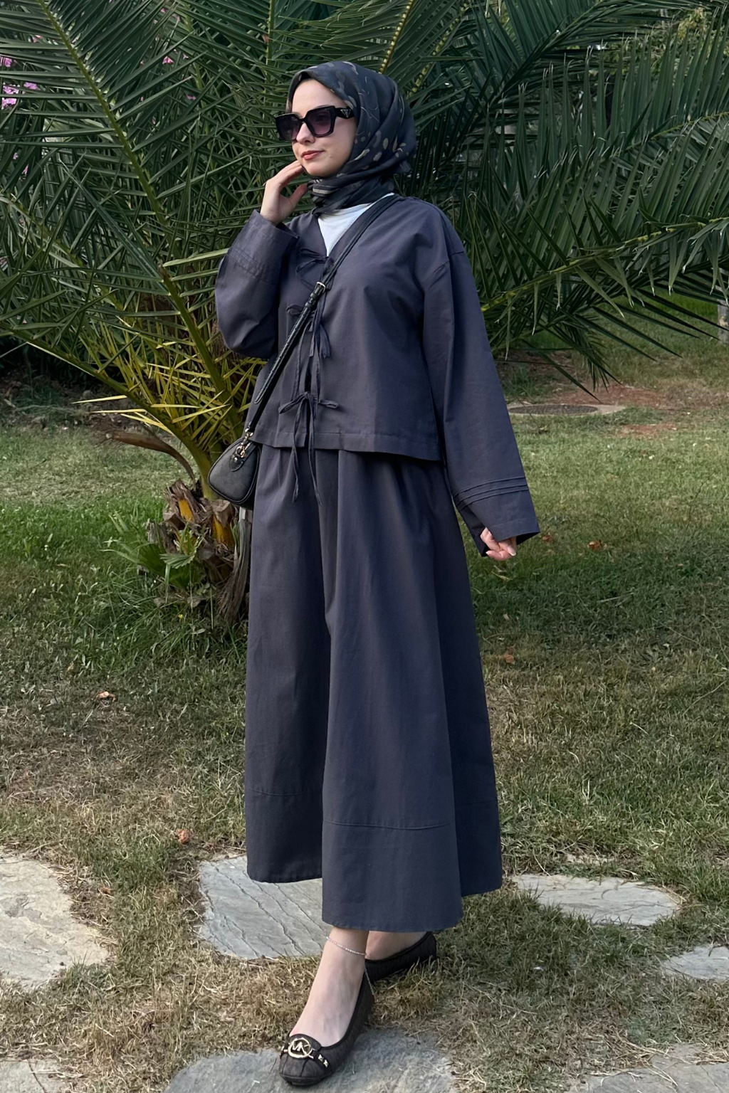 Bağlamalı Pamuk Keten Takım Antrasit