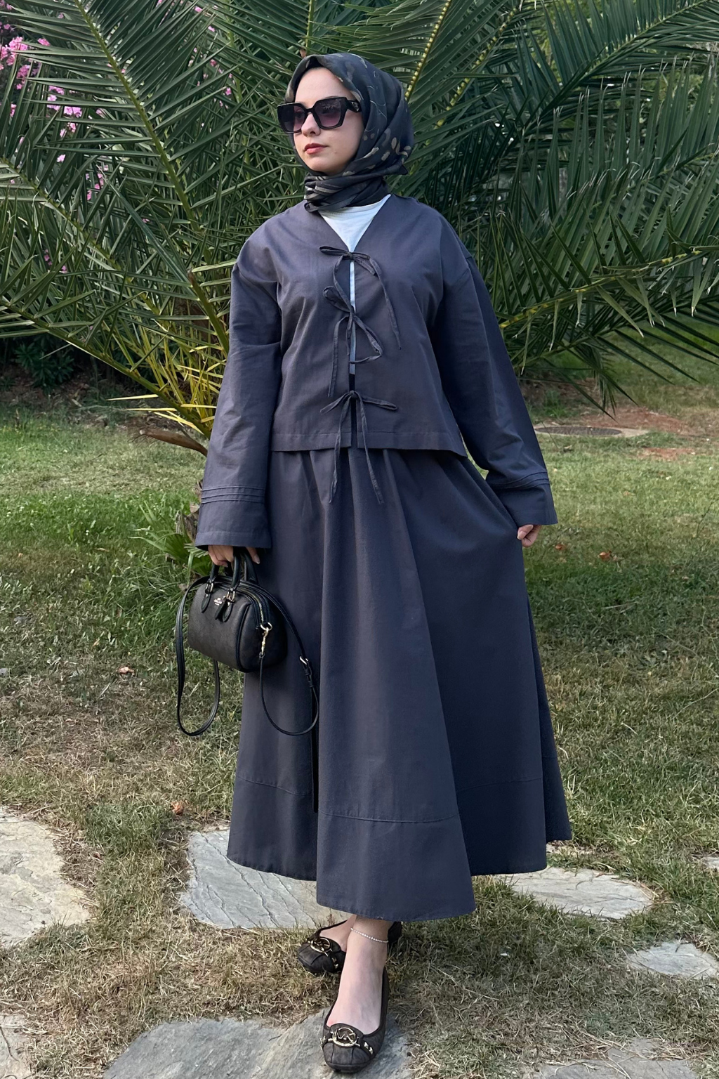 Bağlamalı Pamuk Keten Takım Antrasit