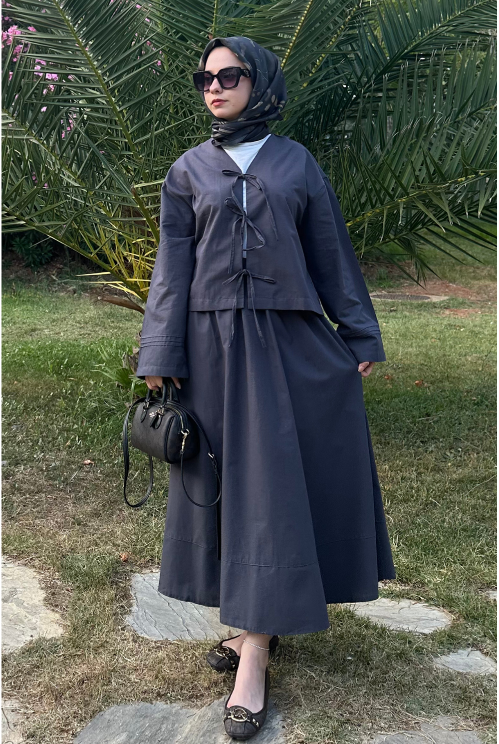 Bağlamalı Pamuk Keten Takım Antrasit