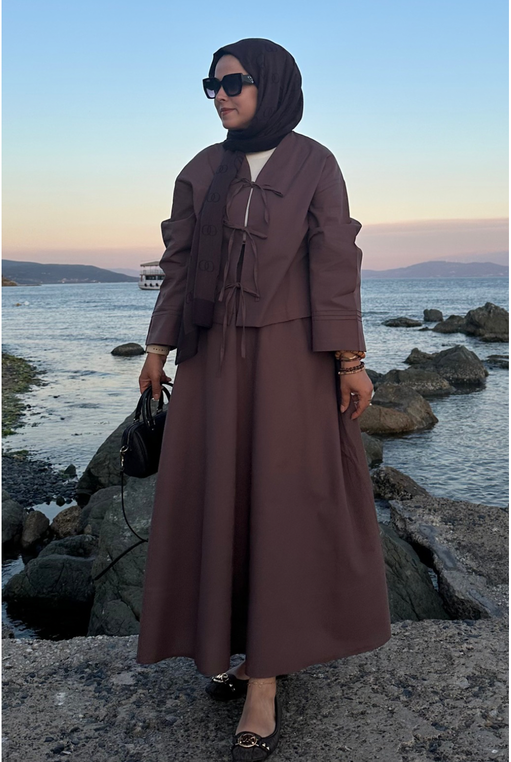 Bağlamalı Pamuk Keten Takım Kahverengi