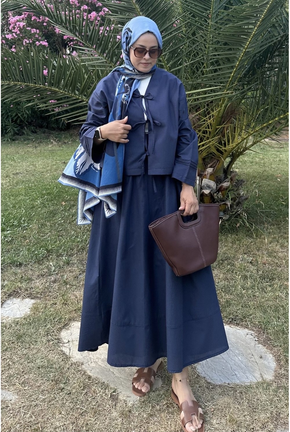 Bağlamalı Pamuk Keten Takım Lacivert