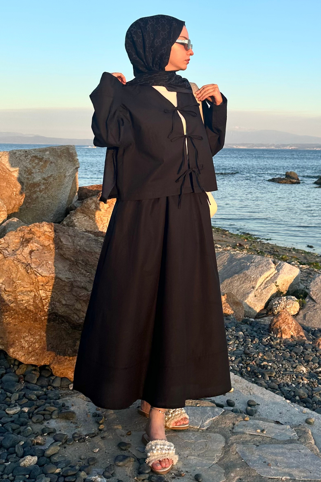 Bağlamalı Pamuk Keten Takım Siyah