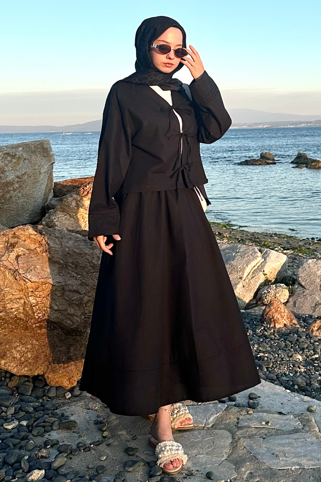 Bağlamalı Pamuk Keten Takım Siyah