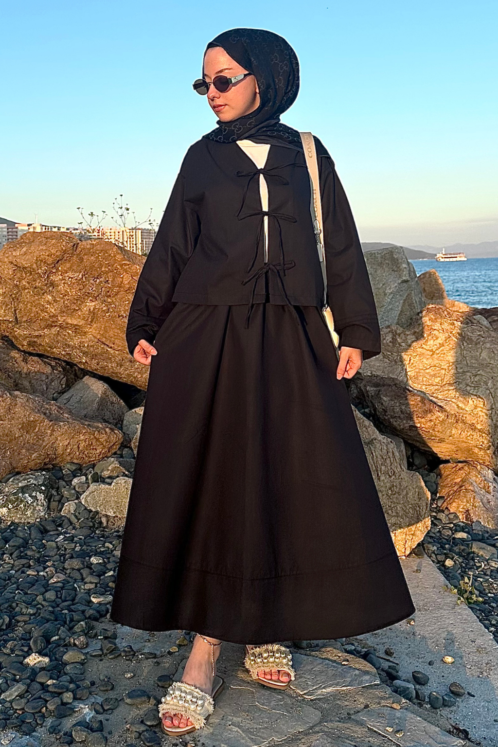 Bağlamalı Pamuk Keten Takım Siyah