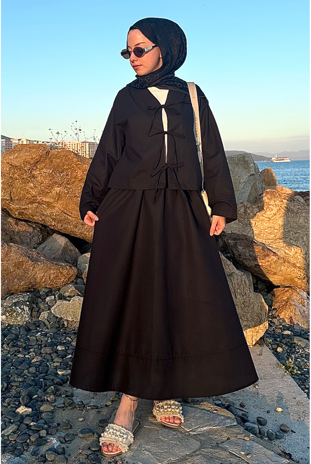 Bağlamalı Pamuk Keten Takım Siyah