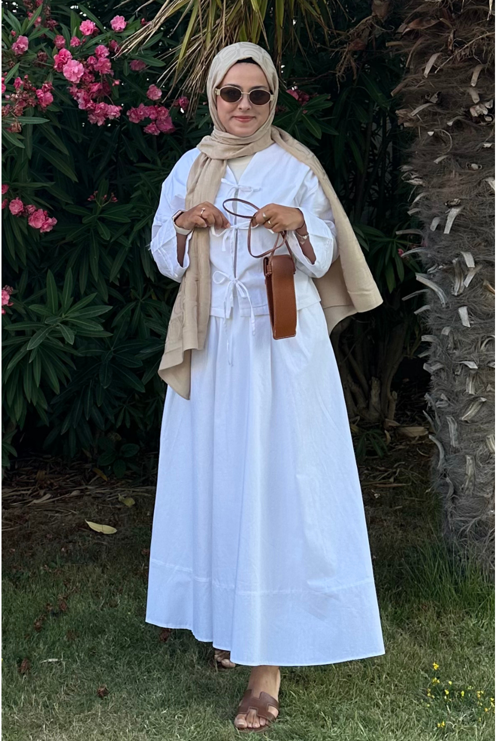 Bağlamalı Pamuk Keten Takım Beyaz