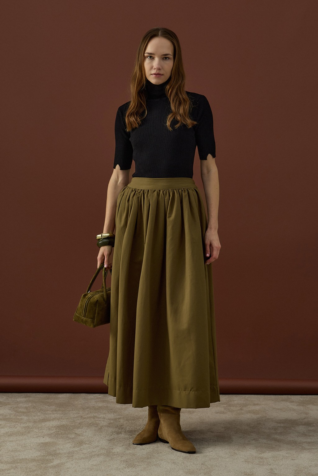 Büzgülü Pamuk Etek Haki 