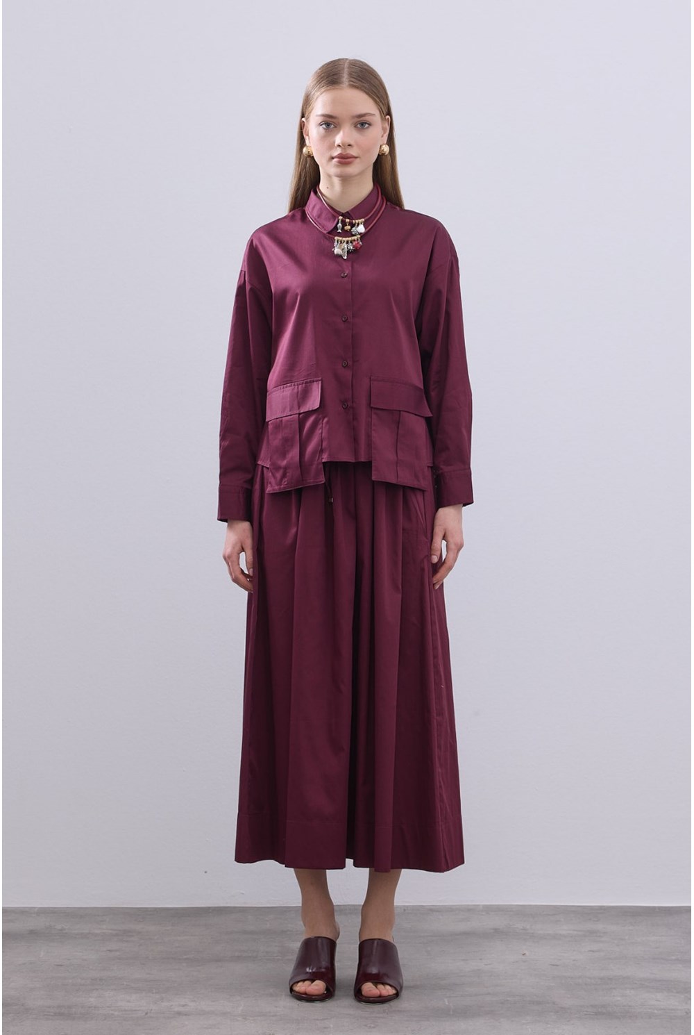 Cepli Kısa Gömlek Takım Bordo