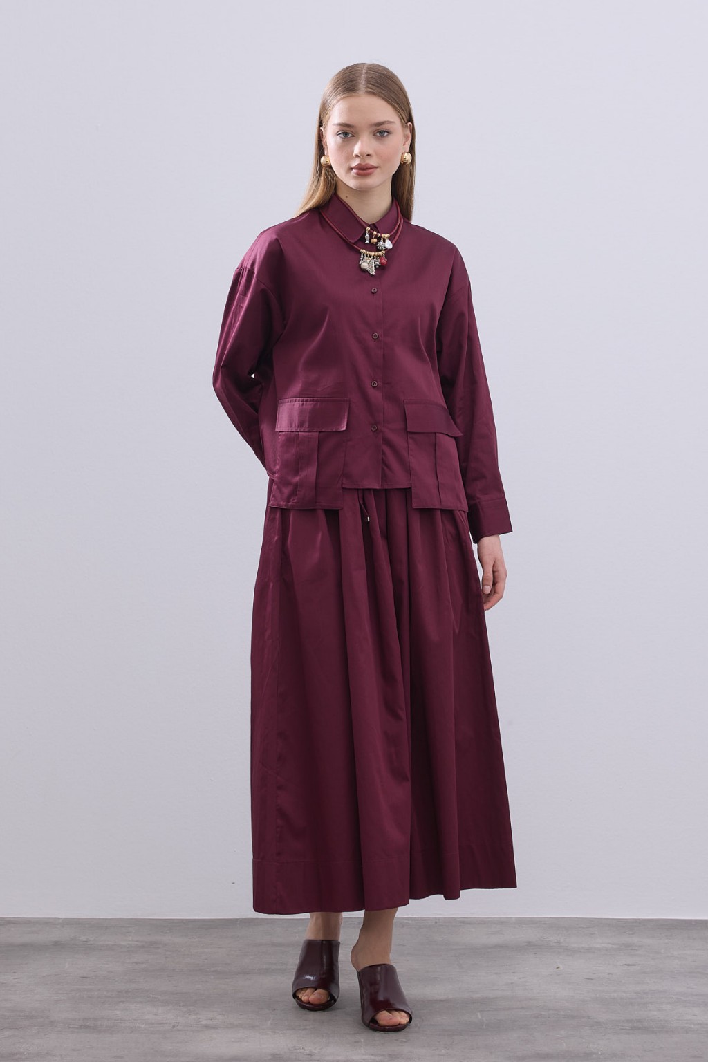 Cepli Kısa Gömlek Takım Bordo