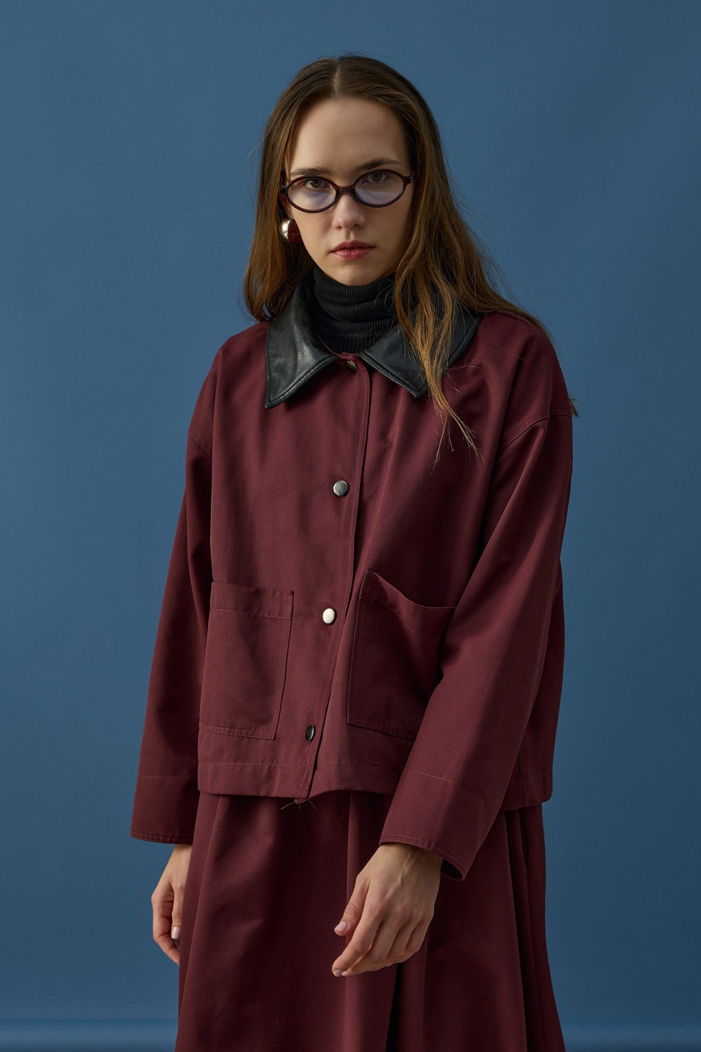 Deri Yaka Ceket Bordo 