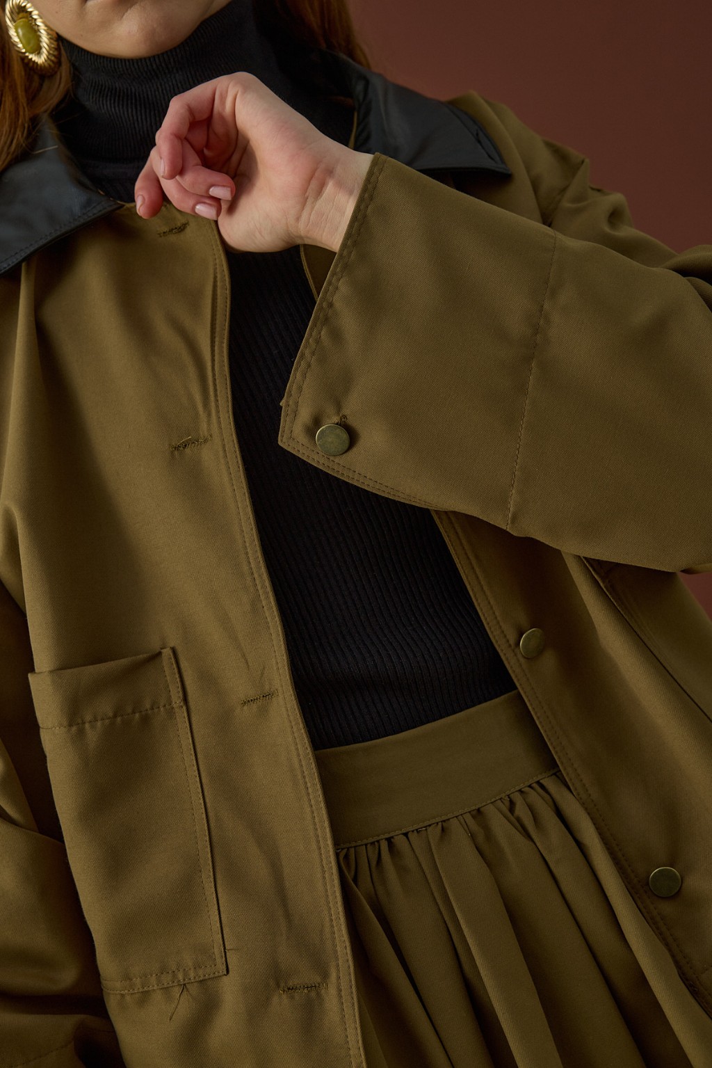 Deri Yaka Ceket  Haki