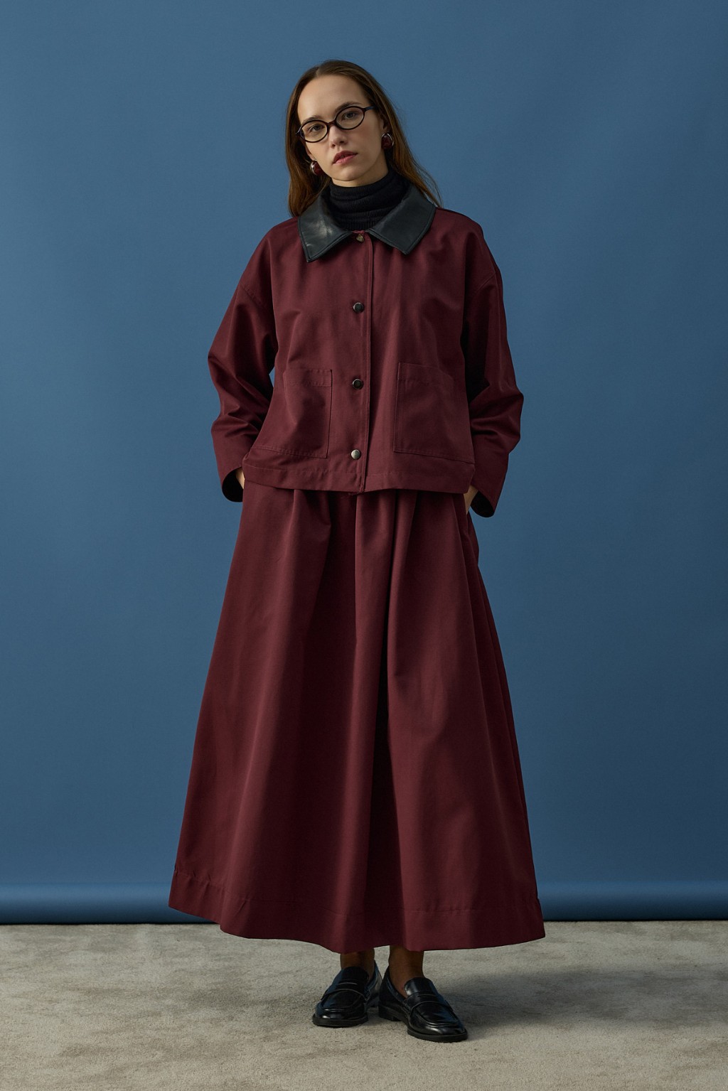 Deri Yaka Ceket Takım Bordo 