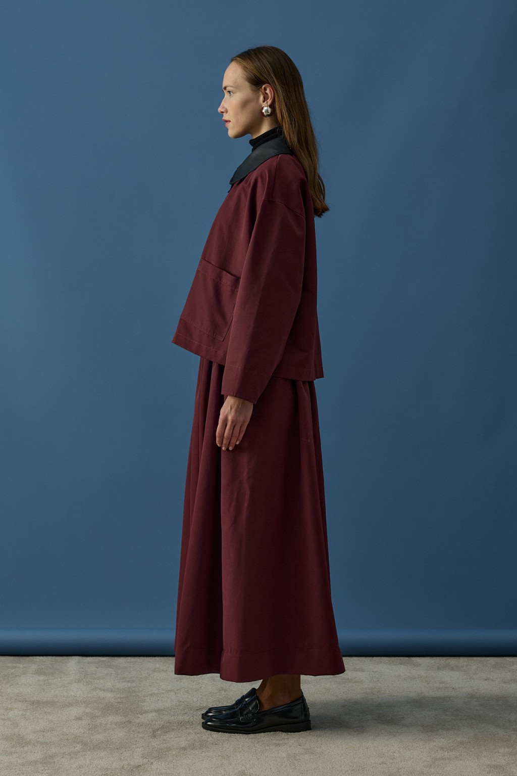 Deri Yaka Ceket Takım Bordo 