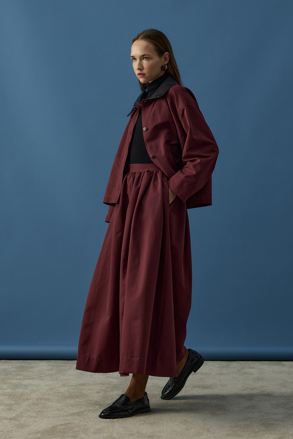 Deri Yaka Ceket Takım Bordo 