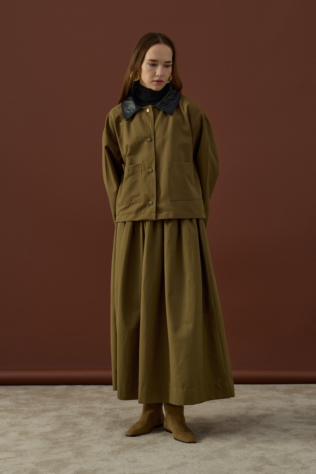 Deri Yaka Ceket Takım Haki