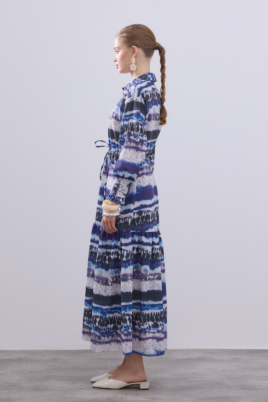 Desenli Keten Elbise Lacivert