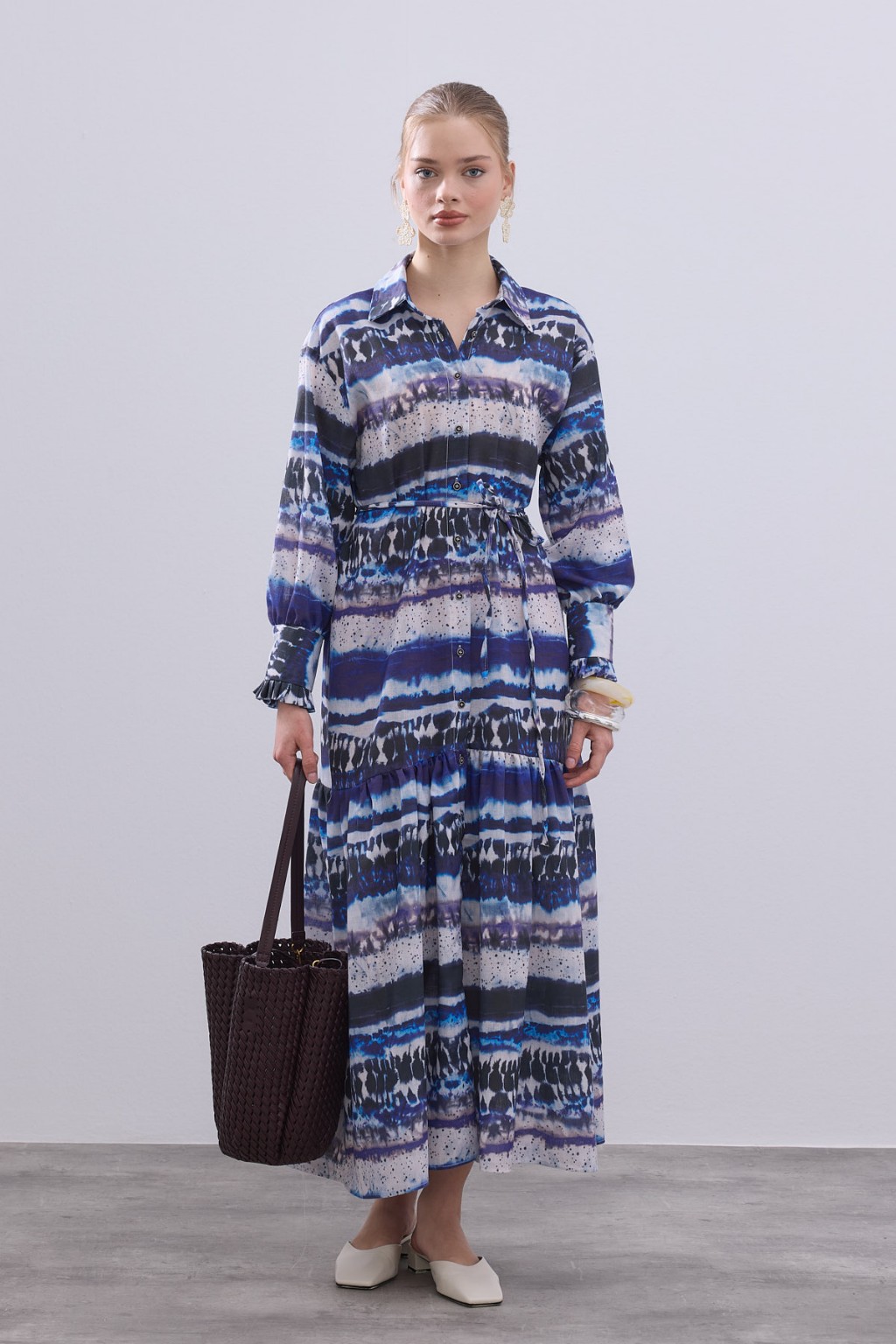 Desenli Keten Elbise Lacivert