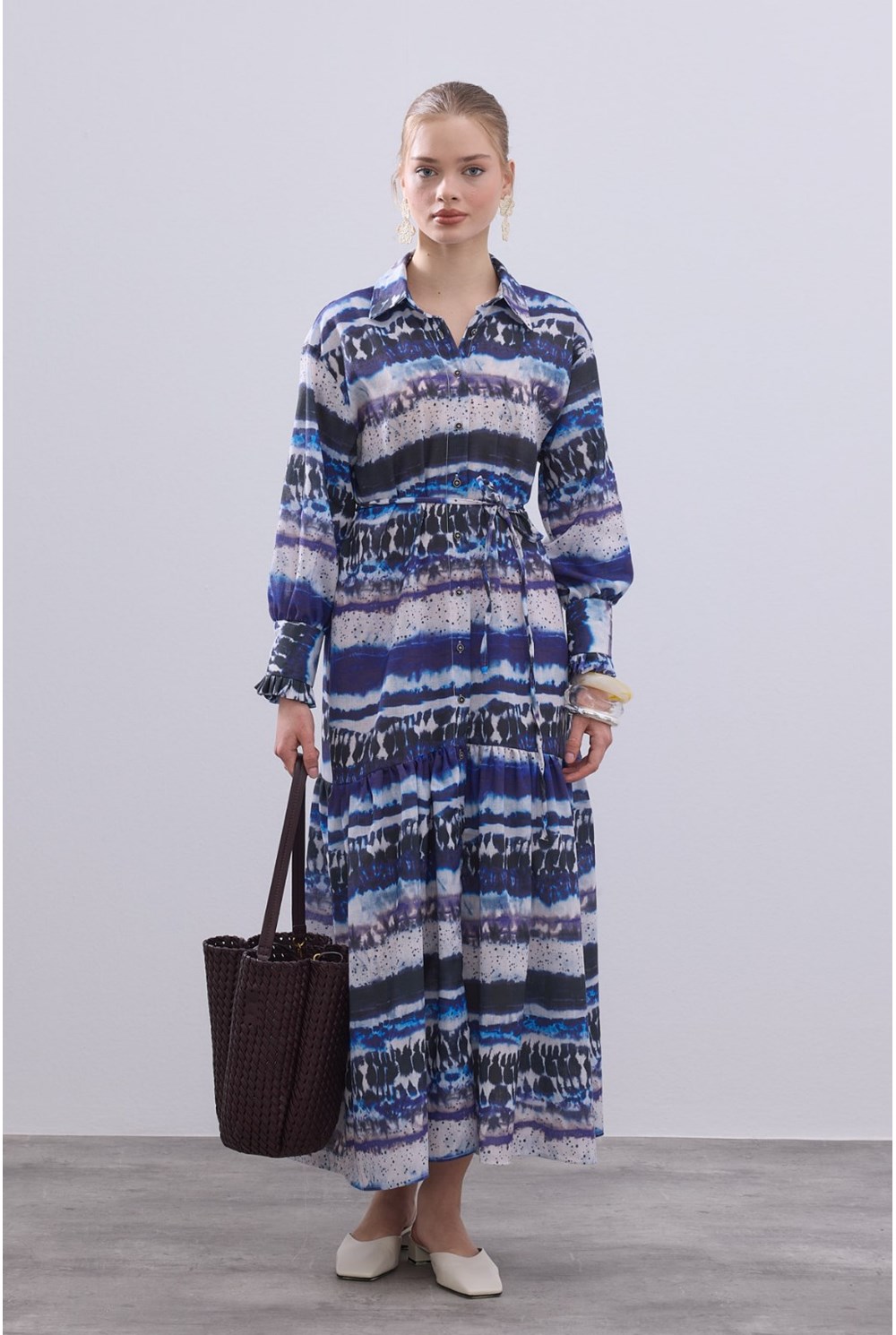 Desenli Keten Elbise Lacivert