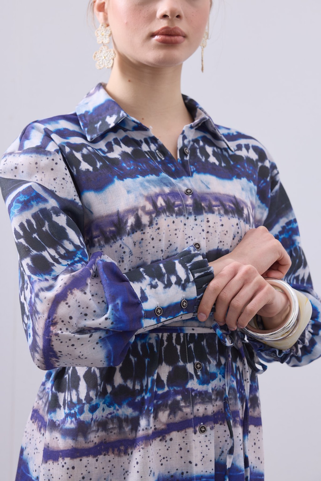 Desenli Keten Elbise Lacivert