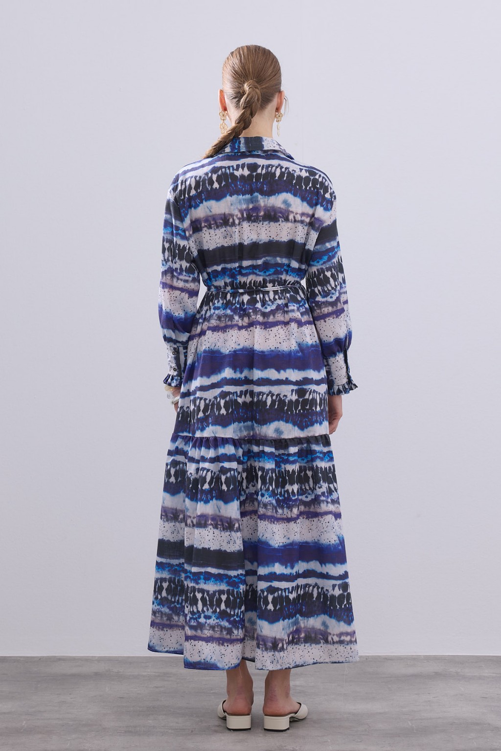 Desenli Keten Elbise Lacivert