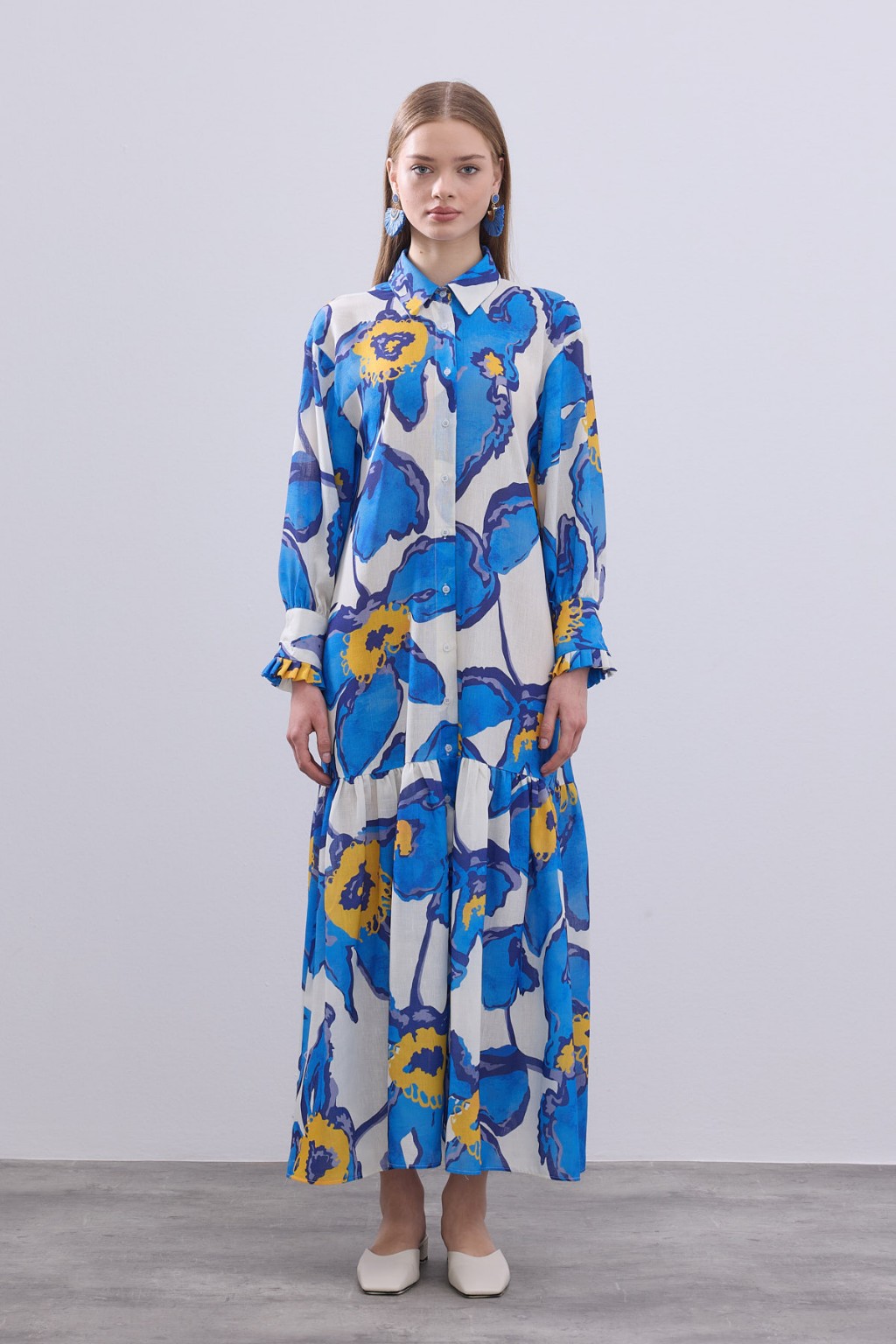 Desenli Keten Elbise Mavi 