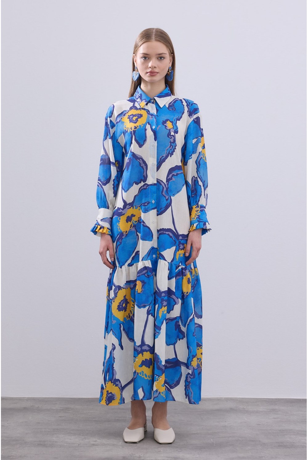 Desenli Keten Elbise Mavi 