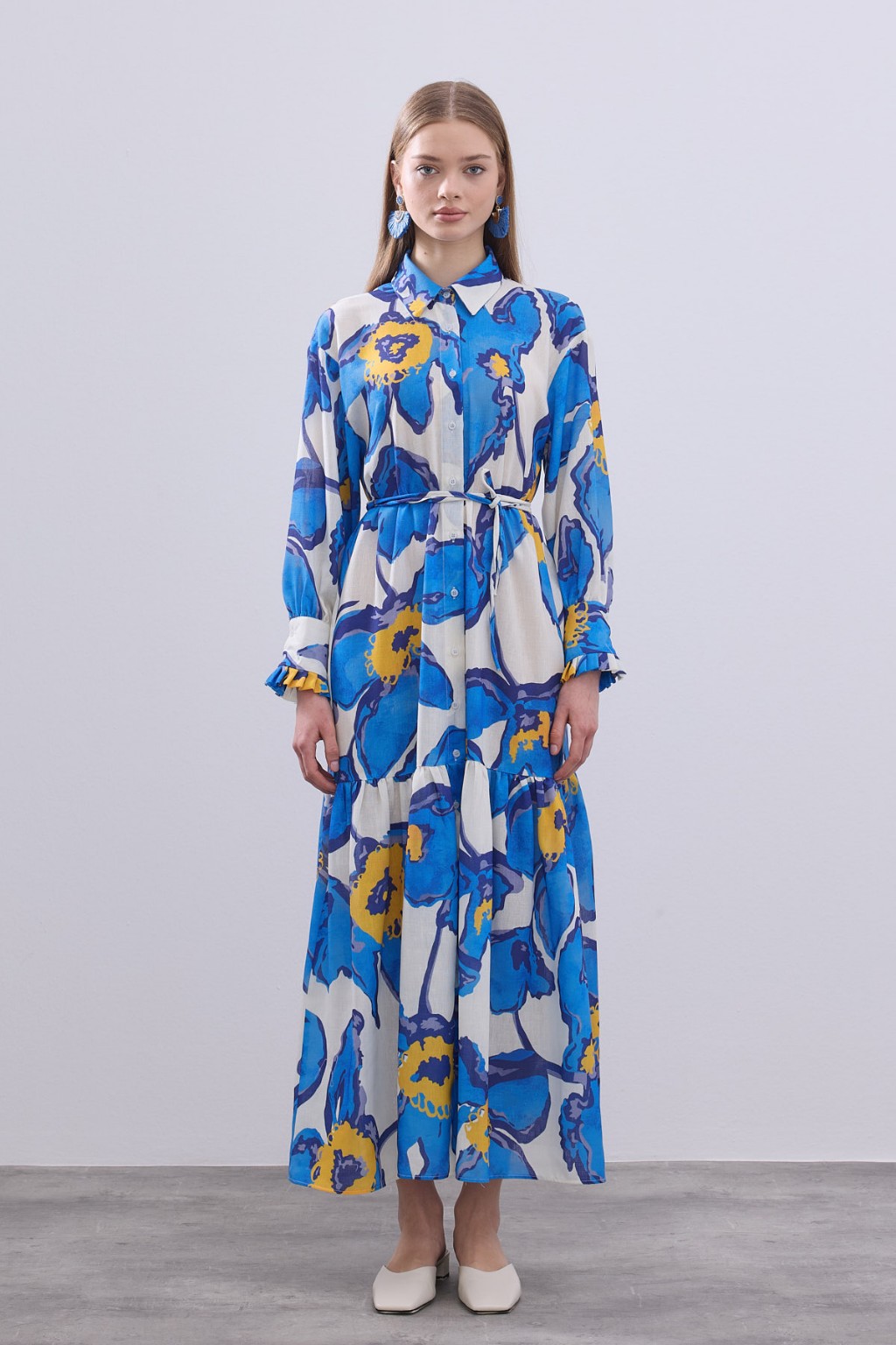 Desenli Keten Elbise Mavi 