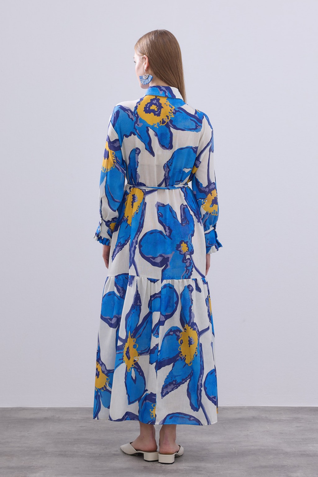 Desenli Keten Elbise Mavi 