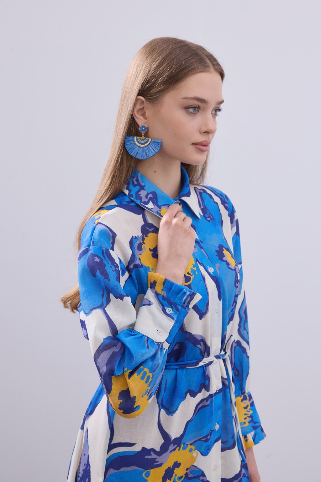 Desenli Keten Elbise Mavi 