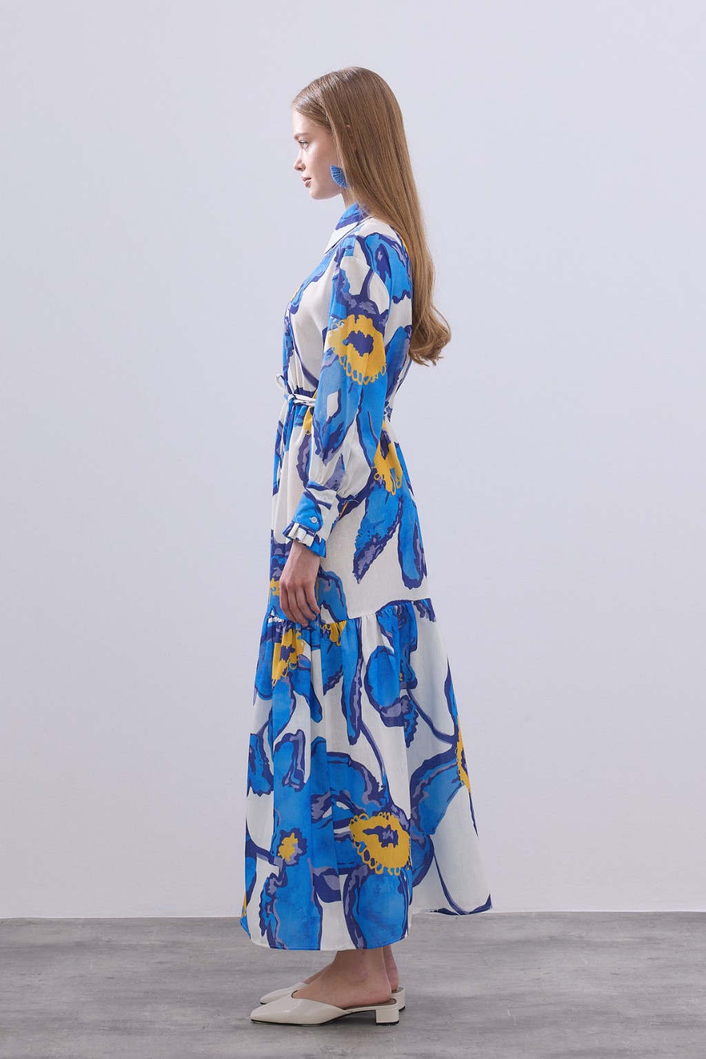 Desenli Keten Elbise Mavi 