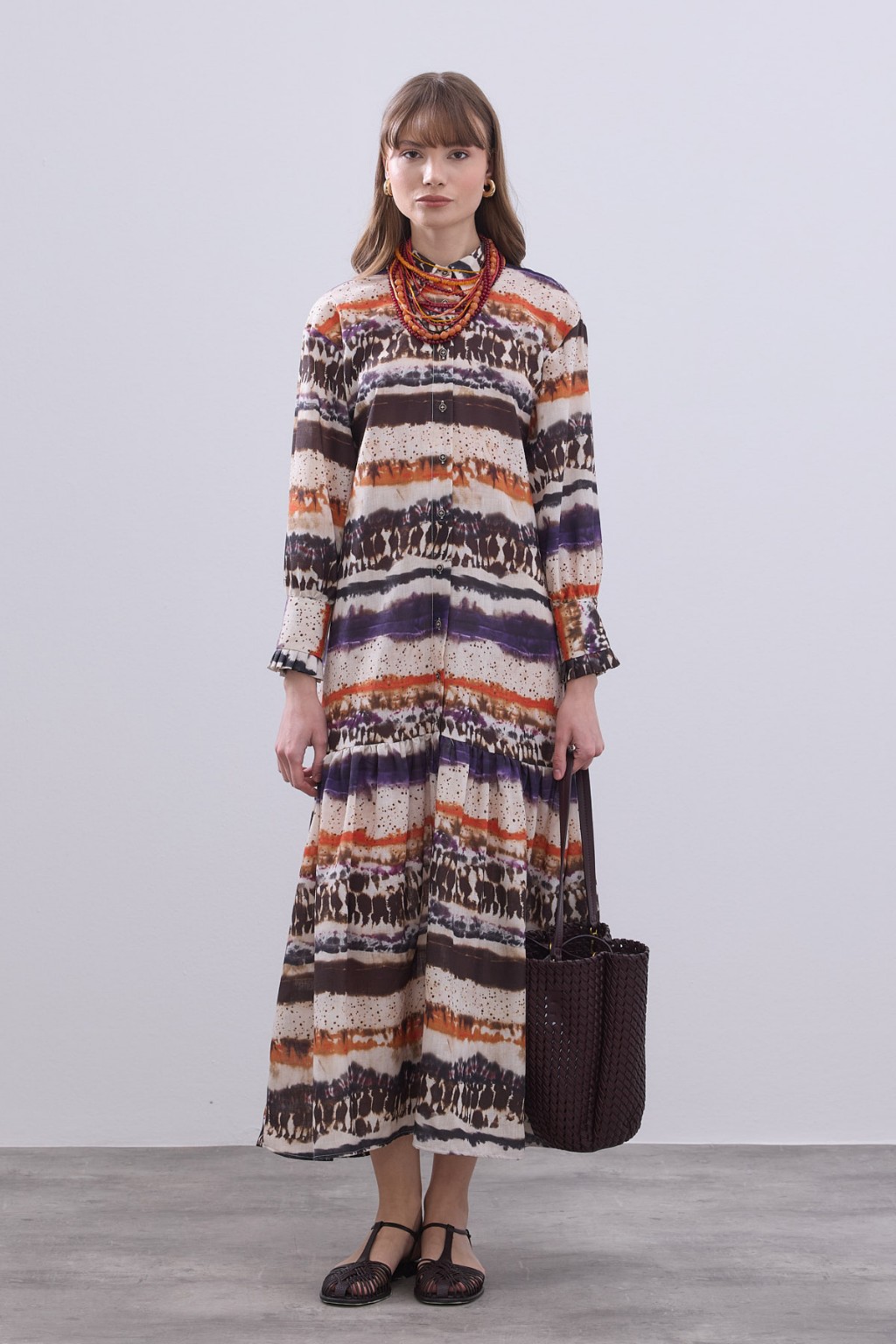 Desenli Keten Elbise Turuncu