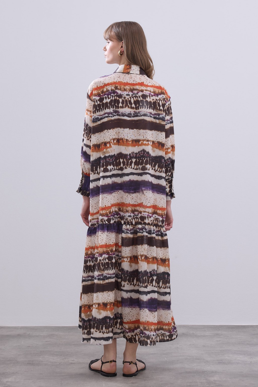 Desenli Keten Elbise Turuncu