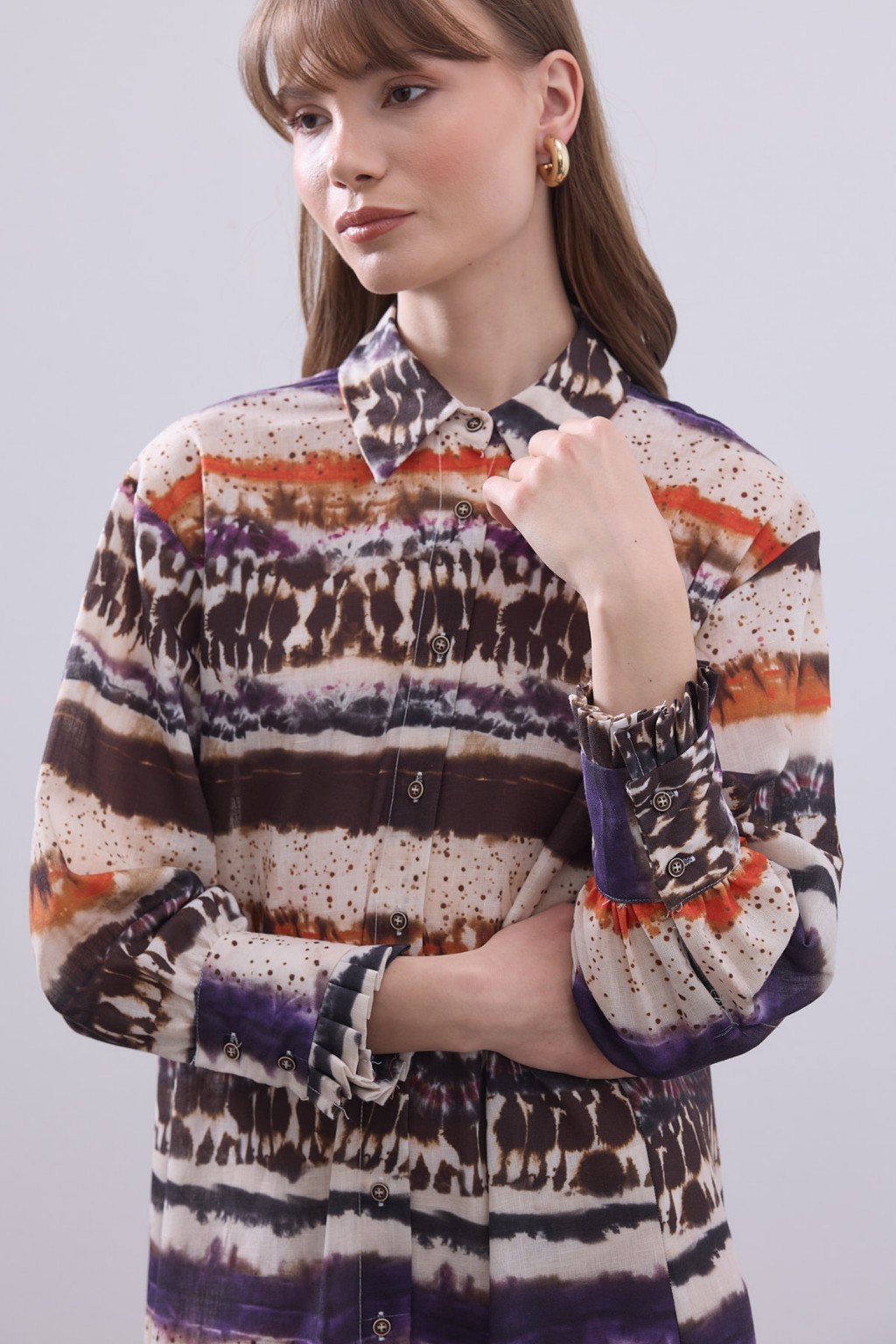 Desenli Keten Elbise Turuncu