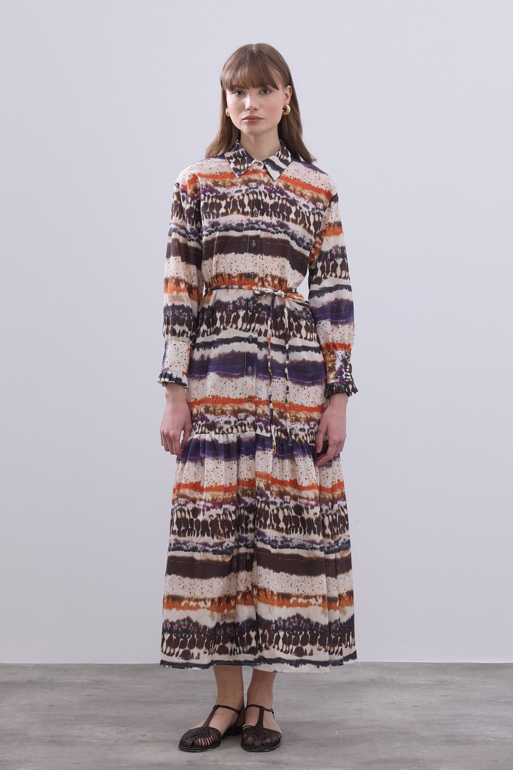 Desenli Keten Elbise Turuncu