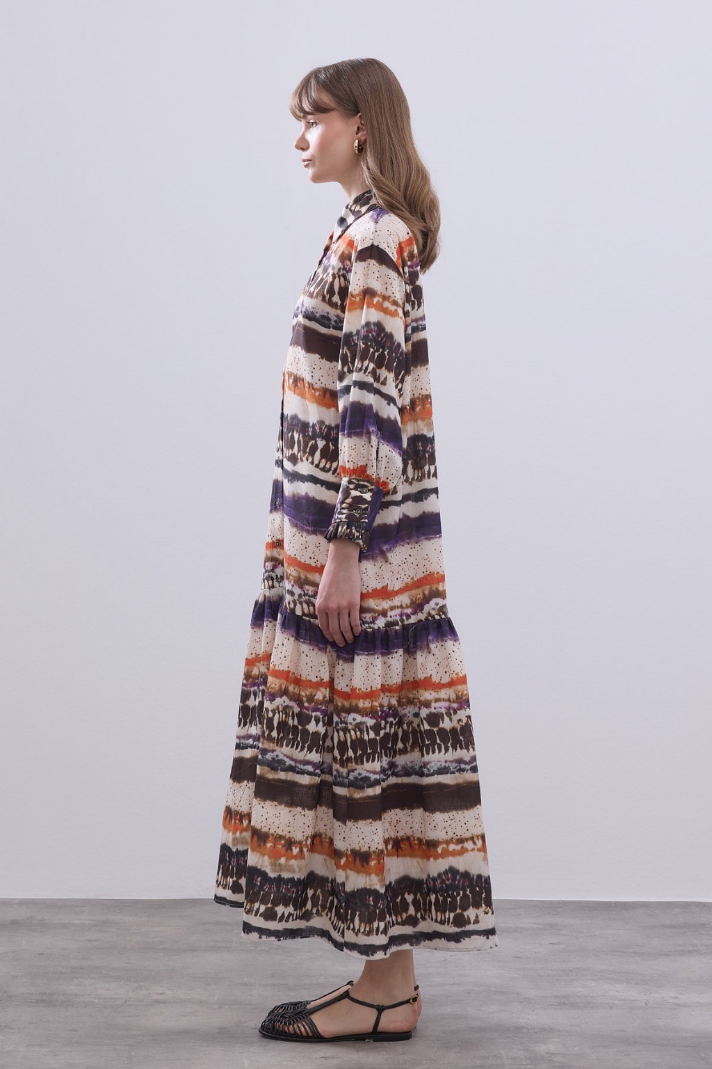 Desenli Keten Elbise Turuncu