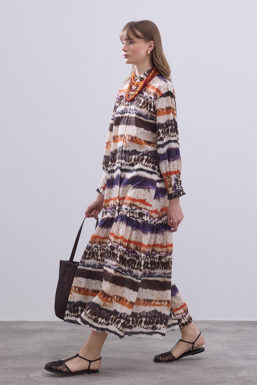 Desenli Keten Elbise Turuncu