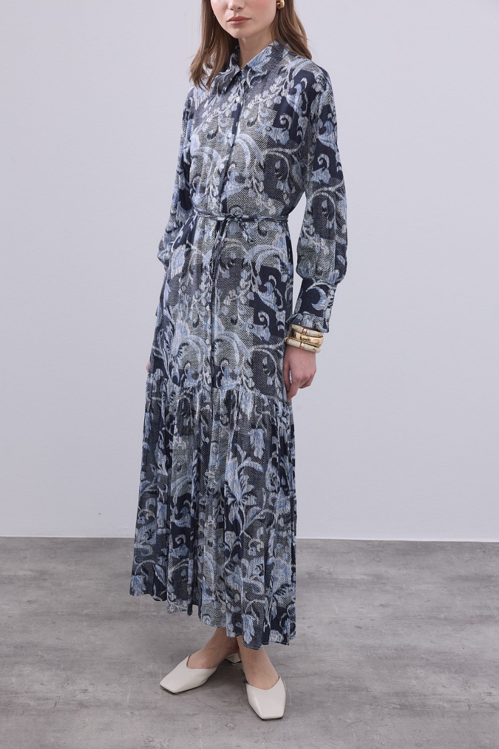 Desenli Pamuk Viskon Elbise Lacivert