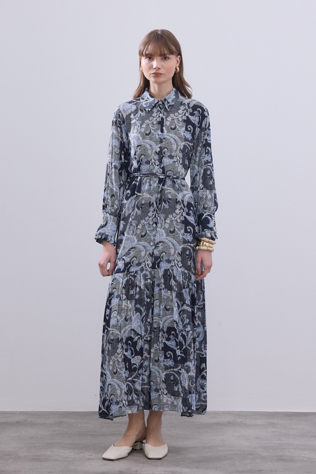 Desenli Pamuk Viskon Elbise Lacivert