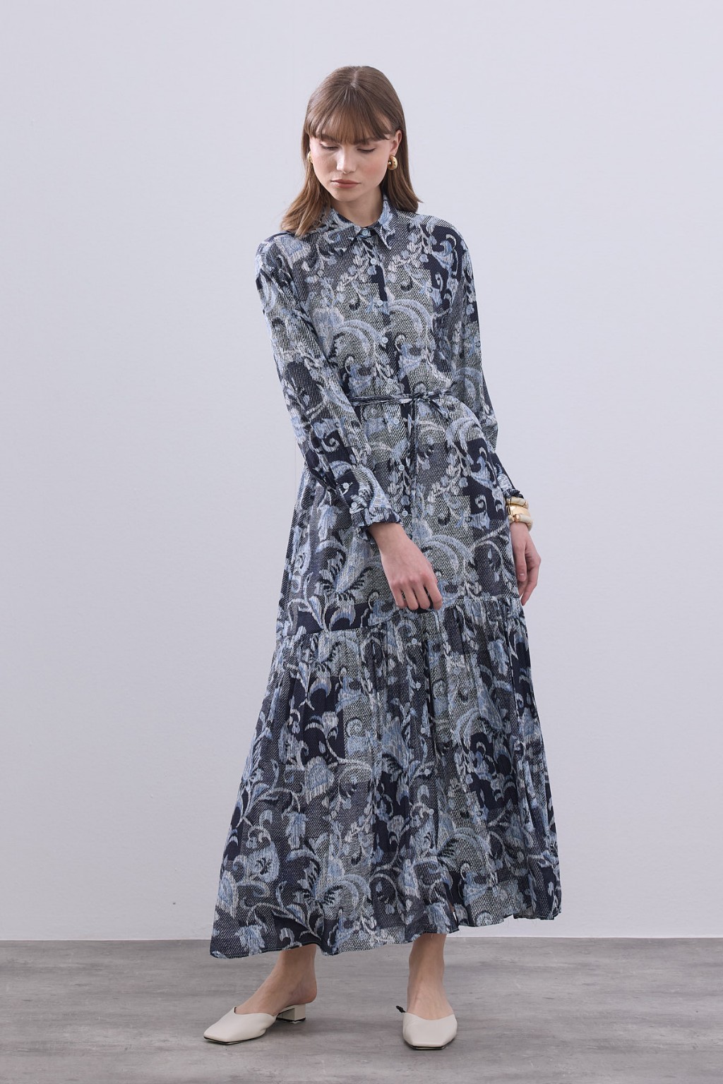 Desenli Pamuk Viskon Elbise Lacivert