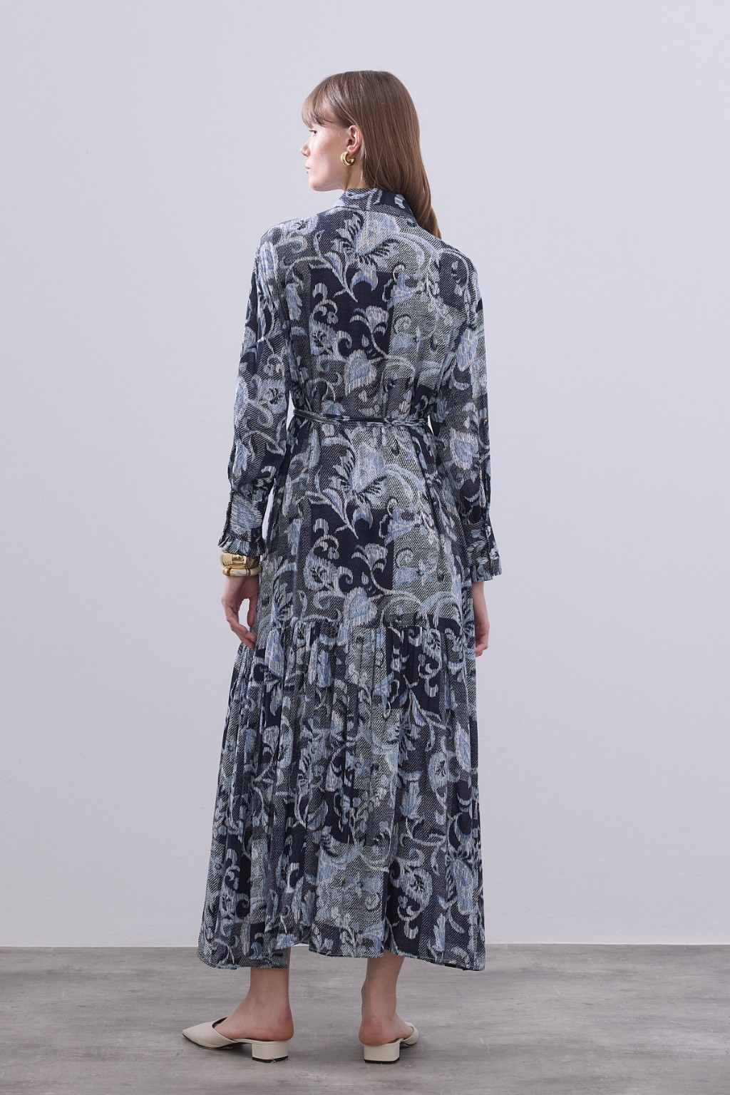 Desenli Pamuk Viskon Elbise Lacivert