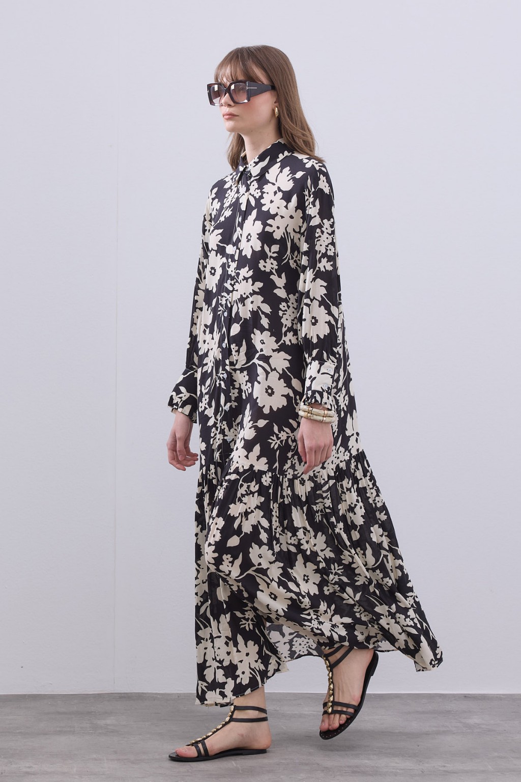 Desenli Pamuk Viskon Elbise Siyah