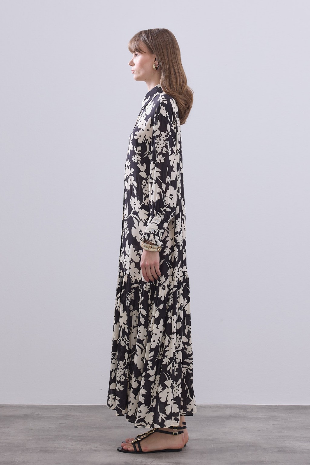 Desenli Pamuk Viskon Elbise Siyah