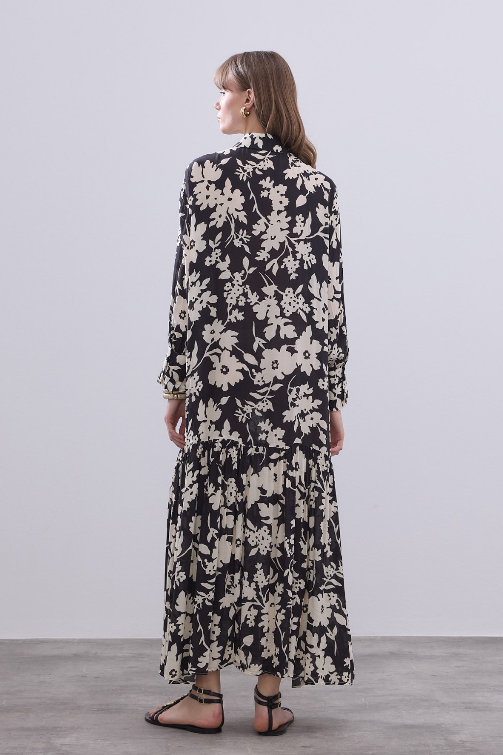 Desenli Pamuk Viskon Elbise Siyah